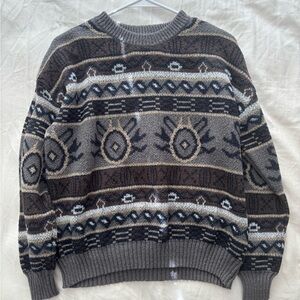 Women's Gray and Brown Patterned Crewneck Sweater